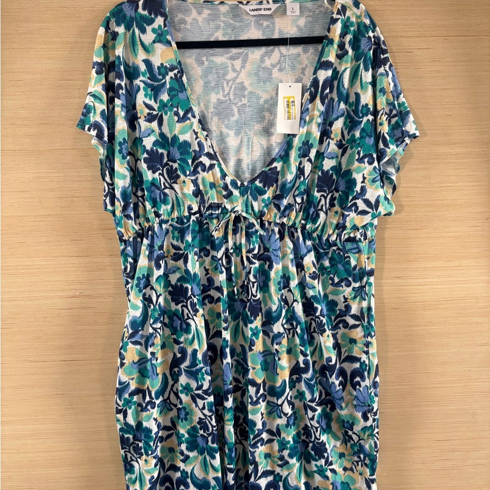 Lands End Teal Navy Floral V-Neck Drawstring Dress